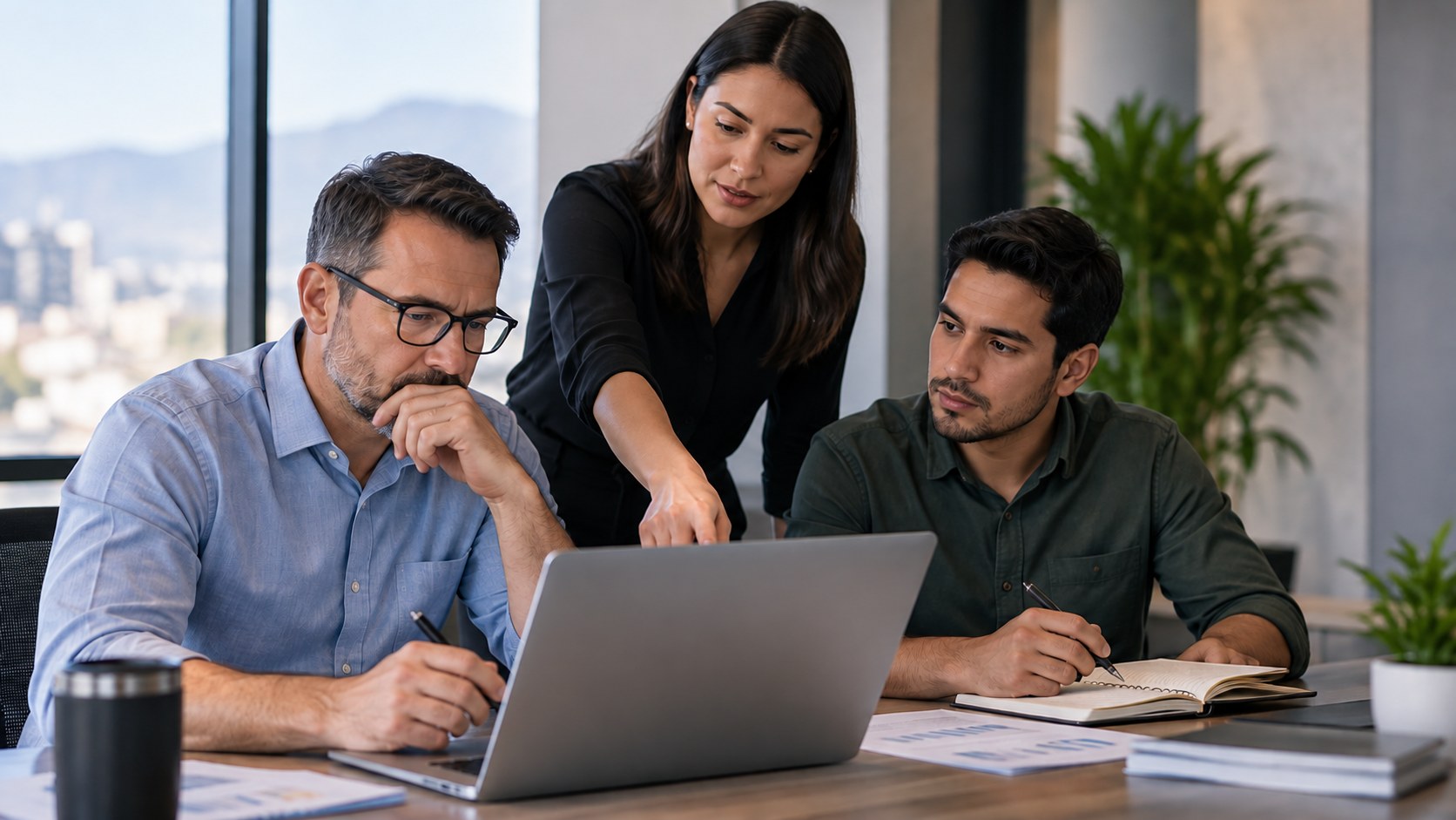 Procurement professionals collaborating around a laptop in a bright modern office, without a whiteboard